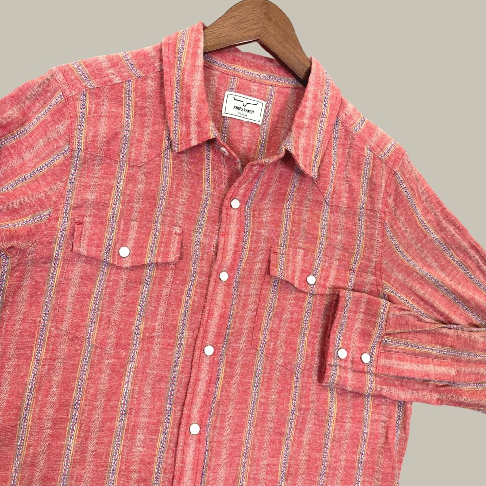 Kimes Ranch Western Shirt Women XL Striped Cotton Linen Pearl Snap Salmon Rodeo
